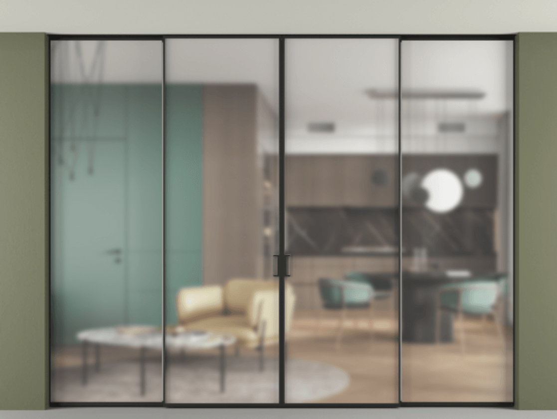 Перегородка Формато внутри проёма скрытое крепление в потолок 4 створки АЛПР 040.01 Алюминий Черный Сатинированное стекло "Мателюкс Кристал Вижн", калёное, матовое, каленое 6 мм. Скрытый короб ЧЕР Цена 451676 ₽ 1. Полотно 4 шт. (800/2100 мм)
2. Комплект установки раздвижной системы
3. Базовый комплект фурнитуры
4.Ручка Рондо. Фабрика дверей Волховец 8 (800) 551 43 19 Перегородка Формато внутри проёма скрытое крепление в потолок 4 створки АЛПР 040.01 Алюминий Черный Сатинированное стекло "Мателюкс Кристал Вижн", калёное, матовое, каленое 6 мм Цена 451676 ₽ | Volhovec