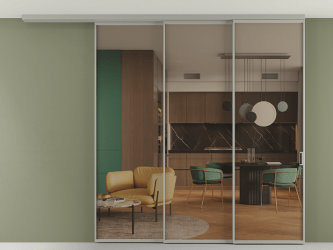 Перегородка Формато вдоль стены на потолок 3 створки с синхронным механизмом АЛПР 040.01 Алюминий нейтральный серый Прозрачное бронзовое стекло, триплекс. Цена 382108 ₽ 1. Полотно 2 шт. (800/2100 мм)
2. Комплект установки раздвижной системы
3. Базовый комплект фурнитуры
4.Ручка Рондо. Фабрика дверей Волховец 8 (800) 551 43 19 Перегородка Формато вдоль стены на потолок 3 створки с синхронным механизмом АЛПР 040.01 Алюминий нейтральный серый Прозрачное бронзовое стекло, триплекс Цена 382108 ₽ | Volhovec