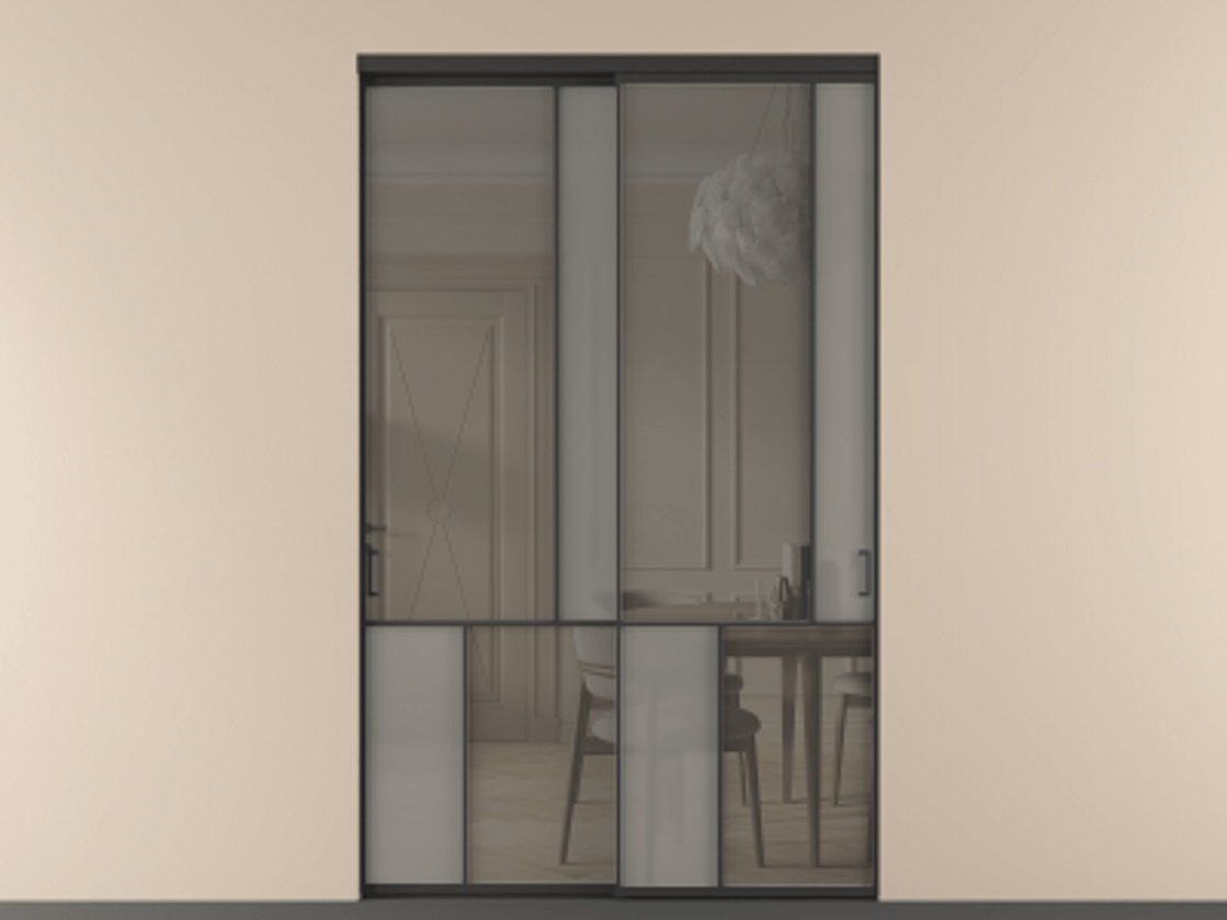 Перегородка Мозаик внутри проёма 2 створки АЛПР 041.21 Алюминий Черный Сатинированное серое стекло, триплекс, 6 мм + Прозрачное серое стекло, триплекс Цена 470580 ₽ | Volhovec