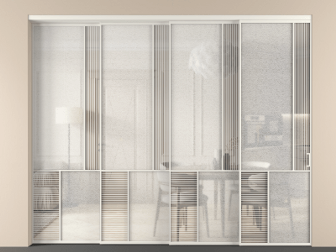 Перегородка Мозаик внутри проёма 4 створки с синхронным механизмом АЛПР 041.21 Алюминий Белый Рифлёное стекло "Дюна", триплекс, 6 мм + Фактурное стекло "Лёд", триплекс. Скрытый короб БЕЛ Цена 3992850 AMD . Фабрика дверей Волховец 8 (800) 551 43 19 Перегородка Мозаик внутри проёма 4 створки с синхронным механизмом АЛПР 041.21 Алюминий Белый Рифлёное стекло "Дюна", триплекс, 6 мм + Фактурное стекло "Лёд", триплекс Цена 3992850 AMD | Volhovec