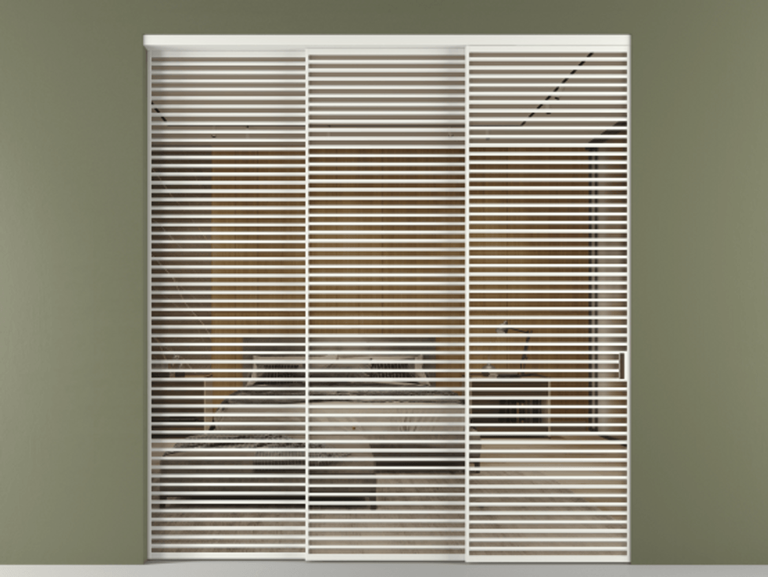 Перегородка Формато внутри проёма 3 створки с синхронным механизмом АЛПР 040.07 Алюминий светло-серый Рефлективное бронзовое стекло "Стопсол", калёное Цена 598940 ₽  | Volhovec