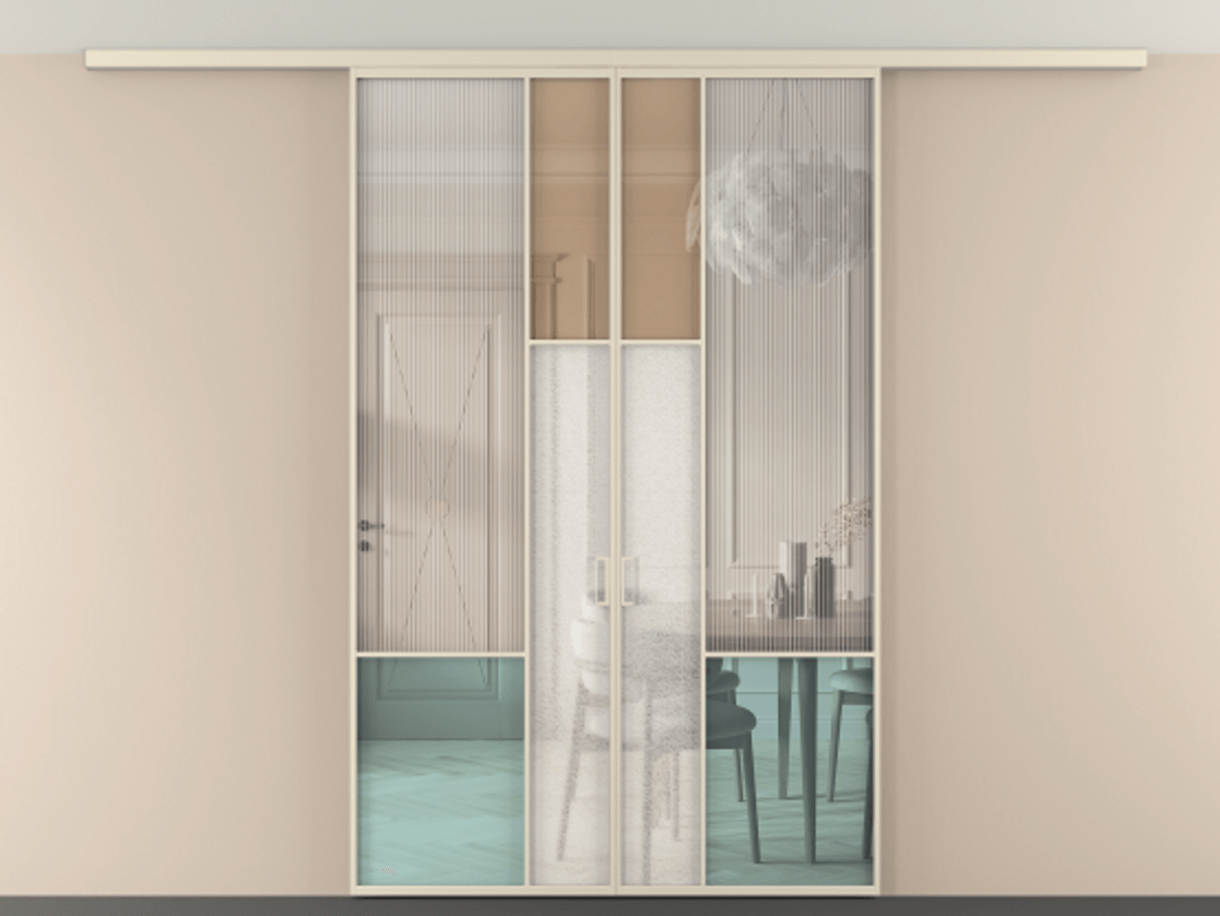 Перегородка Mosaic вдоль стены на потолок 2 створки АЛПР 041.13 Алюминий бежево-серый Комбинация стекол Группы 1 и Группы 3 Цена 274980 ₽ | Volhovec