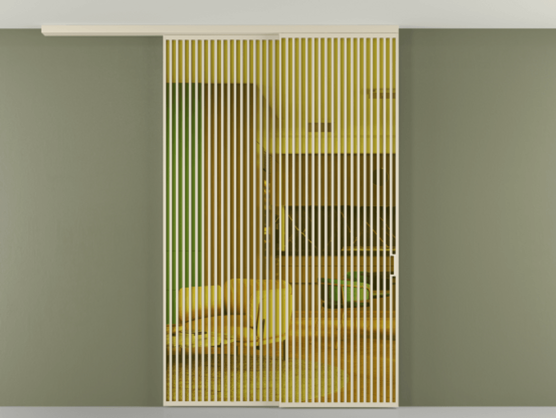 Перегородка Formato вдоль стены на потолок 2 створки с синхронным механизмом АЛПР 040.06 Алюминий бежево-серый Прозрачное жёлтое стекло, триплекс Цена 450456 ₽ | Volhovec