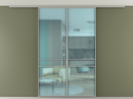 Алюминевая перегородка АЛПР 040.02_АНСР_САТ ГОЛ_new. Цвет Алюминий нейтральный серый. Материал Алюминий в эмали. Коллекция Перегородка Formato вдоль стены на потолок 2 створки. Картинка.