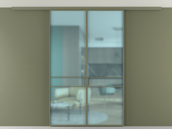 Алюминевая перегородка АЛПР 040.02_АОТ_САТ ГОЛ_new. Цвет Алюминий оливковый тёмный. Материал Алюминий в эмали. Коллекция Перегородка Formato вдоль стены на потолок 2 створки. Картинка.