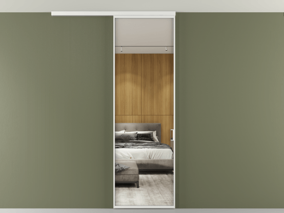 Алюминевая перегородка АЛПР 040.01_АБЛ_Зеркало триплекс_new. Цвет Алюминий белоснежный. Материал Алюминий в эмали. Коллекция Перегородка Formato вдоль стены на потолок 1 створка. Картинка.