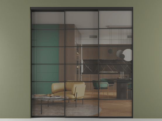 Алюминевая перегородка vn3_04 Серый триплекс ЧЕР. Цвет Алюминий Черный. Материал Алюминий. Коллекция Перегородка Формато внутри проёма 3 створки с синхронным механизмом. Картинка.