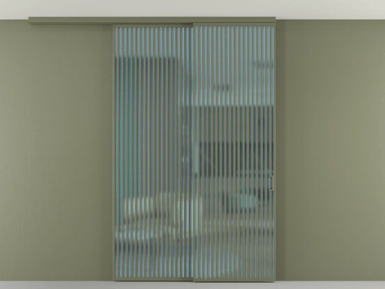 Алюминевая перегородка АЛПР 040.06_АОТ_САТ ГОЛ_new. Цвет Алюминий оливковый тёмный. Материал Алюминий в эмали. Коллекция Перегородка Formato вдоль стены на потолок 2 створки с синхронным механизмом. Картинка.