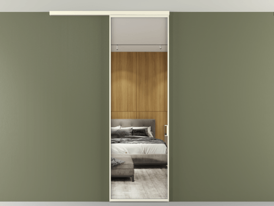 Алюминевая перегородка АЛПР 040.01_АМБ_Зеркало триплекс_new. Цвет Алюминий молочно-белый. Материал Алюминий в эмали. Коллекция Перегородка Formato вдоль стены на потолок 1 створка. Картинка.