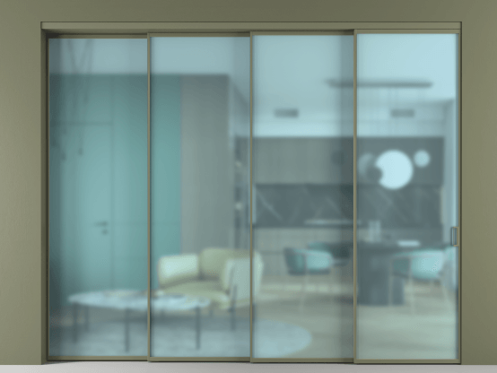 Алюминевая перегородка АЛПР 040.01_АОТ_САТ ГОЛ_new. Цвет Алюминий оливковый тёмный. Материал Алюминий в эмали. Коллекция Перегородка Formato внутри проёма 4 створки с синхронным механизмом. Картинка.