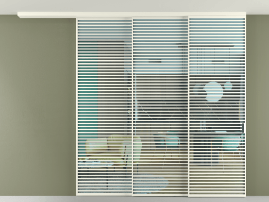 Алюминевая перегородка АЛПР 040.07_АЖМ_ПРОЗ ГОЛ_new. Цвет Алюминий жемчужный. Материал Алюминий в эмали. Коллекция Перегородка Formato вдоль стены на потолок 3 створки с синхронным механизмом. Картинка.