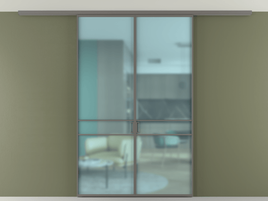 Алюминевая перегородка АЛПР 040.02_АКЛС_САТ ГОЛ_new. Цвет Алюминий классический серый. Материал Алюминий в эмали. Коллекция Перегородка Formato вдоль стены на потолок 2 створки. Картинка.