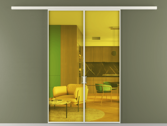 Алюминевая перегородка АЛПР 040.01_БЕЛ_ПРОЗ ЖЕЛ_new. Цвет Алюминий Белый. Материал Алюминий. Коллекция Перегородка Formato вдоль стены 2 створки. Картинка.