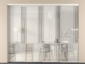 Алюминевая перегородка vntl4_1 БЕЛ. Цвет Алюминий Белый. Материал Алюминий. Коллекция Перегородка Мозаик внутри проёма 4 створки с синхронным механизмом. Картинка.