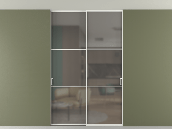 Алюминевая перегородка vn2_03 Алюминий светло-серый Серый сатин матовое. Цвет Алюминий светло-серый. Материал Алюминий в эмали. Коллекция Перегородка Формато внутри проёма скрытое крепление в потолок 2 створки. Картинка.