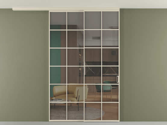 Алюминевая перегородка pv2_2_05_ Алюминий бежево-серый Серый прозрачное. Цвет Алюминий бежево-серый. Материал Алюминий в эмали. Коллекция Перегородка Формато вдоль стены на потолок 2 створки с синхронным механизмом. Картинка.