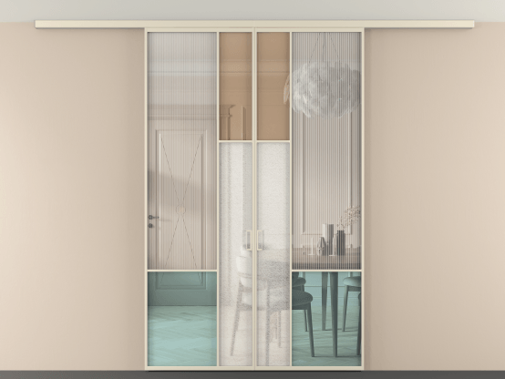 Алюминевая перегородка vdp2_8 Алюминий бежево-серый Четыре стекла. Цвет Алюминий бежево-серый. Материал Алюминий в эмали. Коллекция Перегородка Mosaic вдоль стены на потолок 2 створки. Картинка.