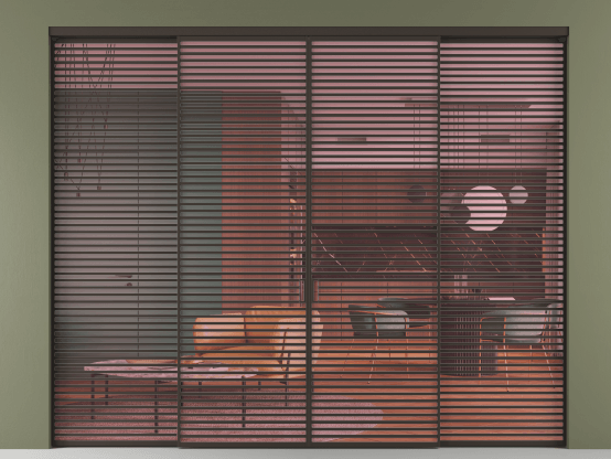 Алюминевая перегородка АЛПР 040.07_ААН_ПРОЗ РОЗ_new. Цвет Алюминий антрацит. Материал Алюминий в эмали. Коллекция Перегородка Formato внутри проёма 4 створки. Картинка.