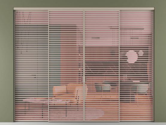 Алюминевая перегородка АЛПР 040.07_АБСК_ПРОЗ РОЗ_new. Цвет Алюминий бисквитный. Материал Алюминий в эмали. Коллекция Перегородка Formato внутри проёма 4 створки. Картинка.